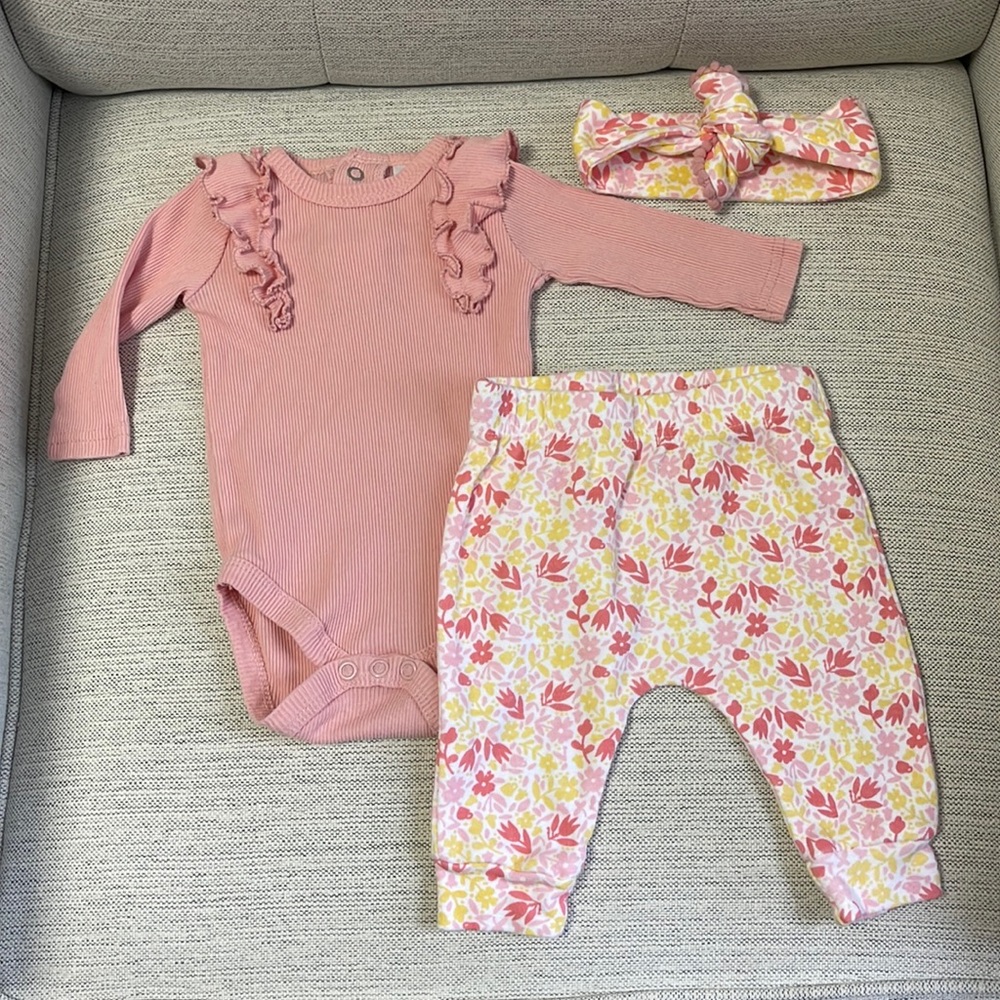 Baby Kiss 3 Piece Cotton Pink Floral Headband, Bodysuit & Pants Set